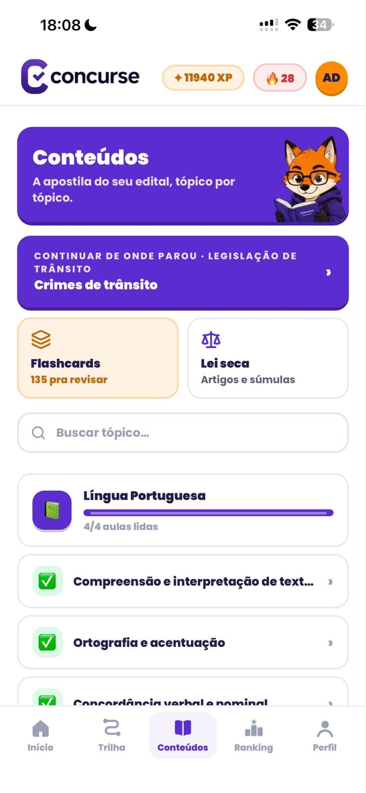 Aba Conteúdos do Concurse com as aulas do edital, flashcards e lei seca