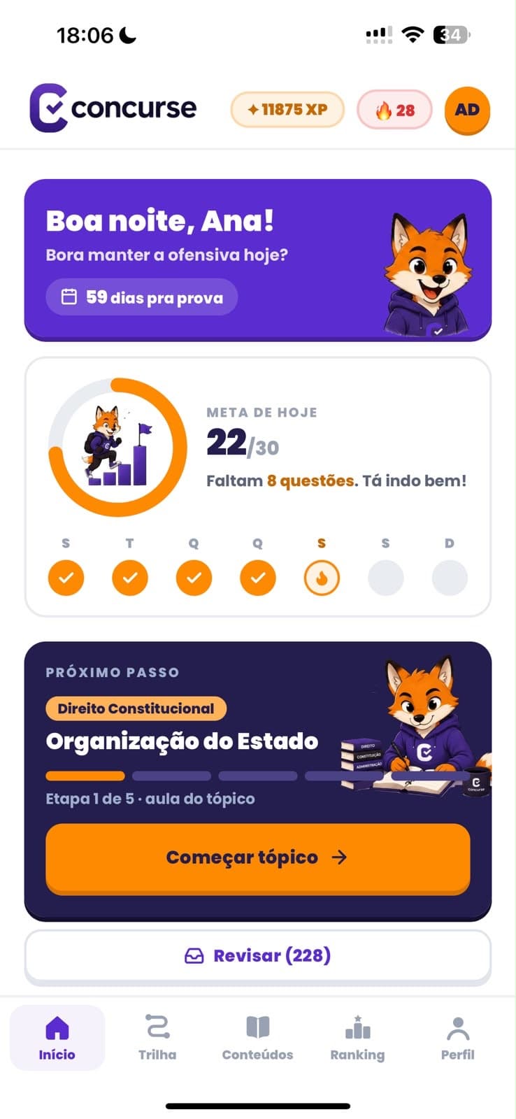 Tela inicial do Concurse com a meta do dia, a ofensiva da semana e o próximo tópico a estudar