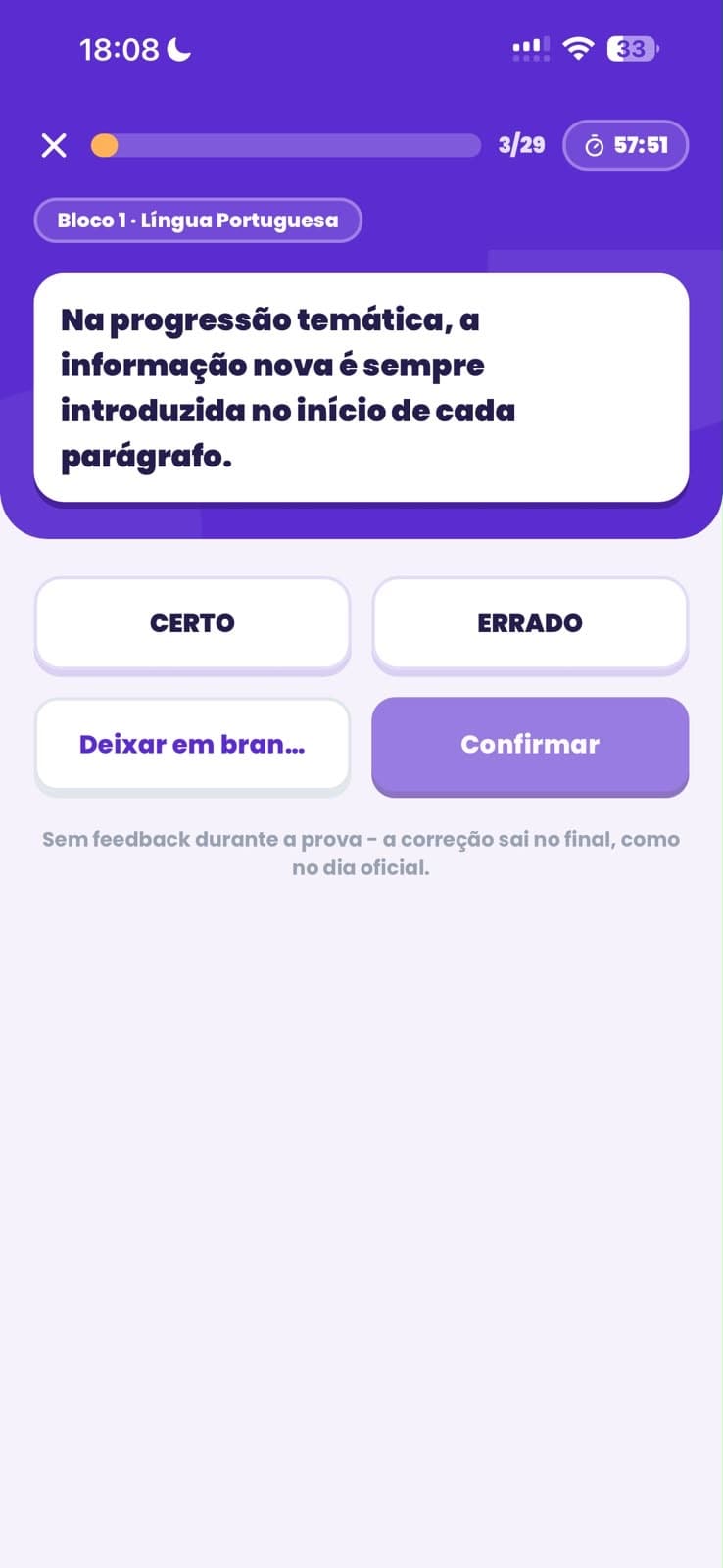 Simulado cronometrado do Concurse com questões em blocos, como na prova oficial