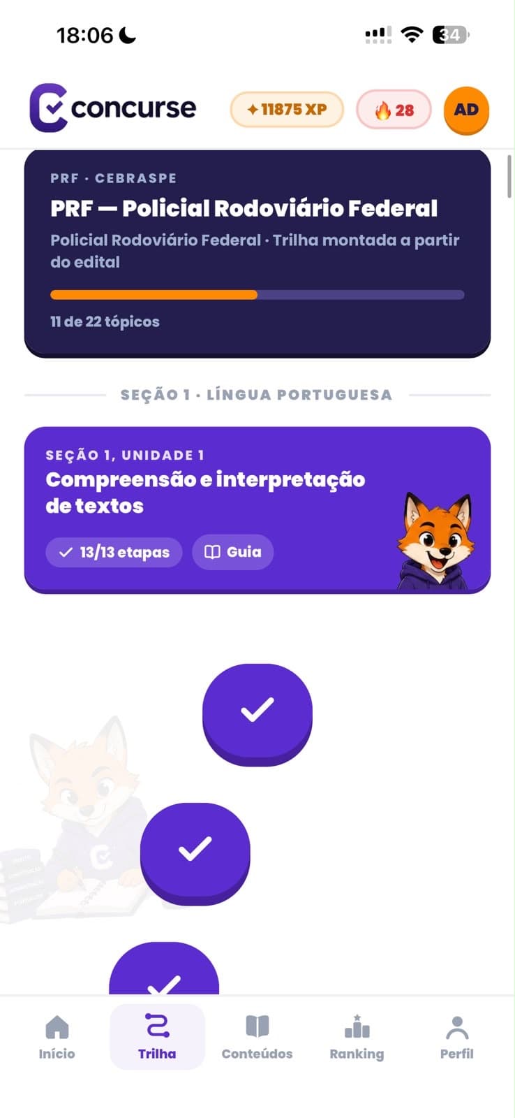 Trilha da PRF no Concurse com 11 de 22 tópicos concluídos